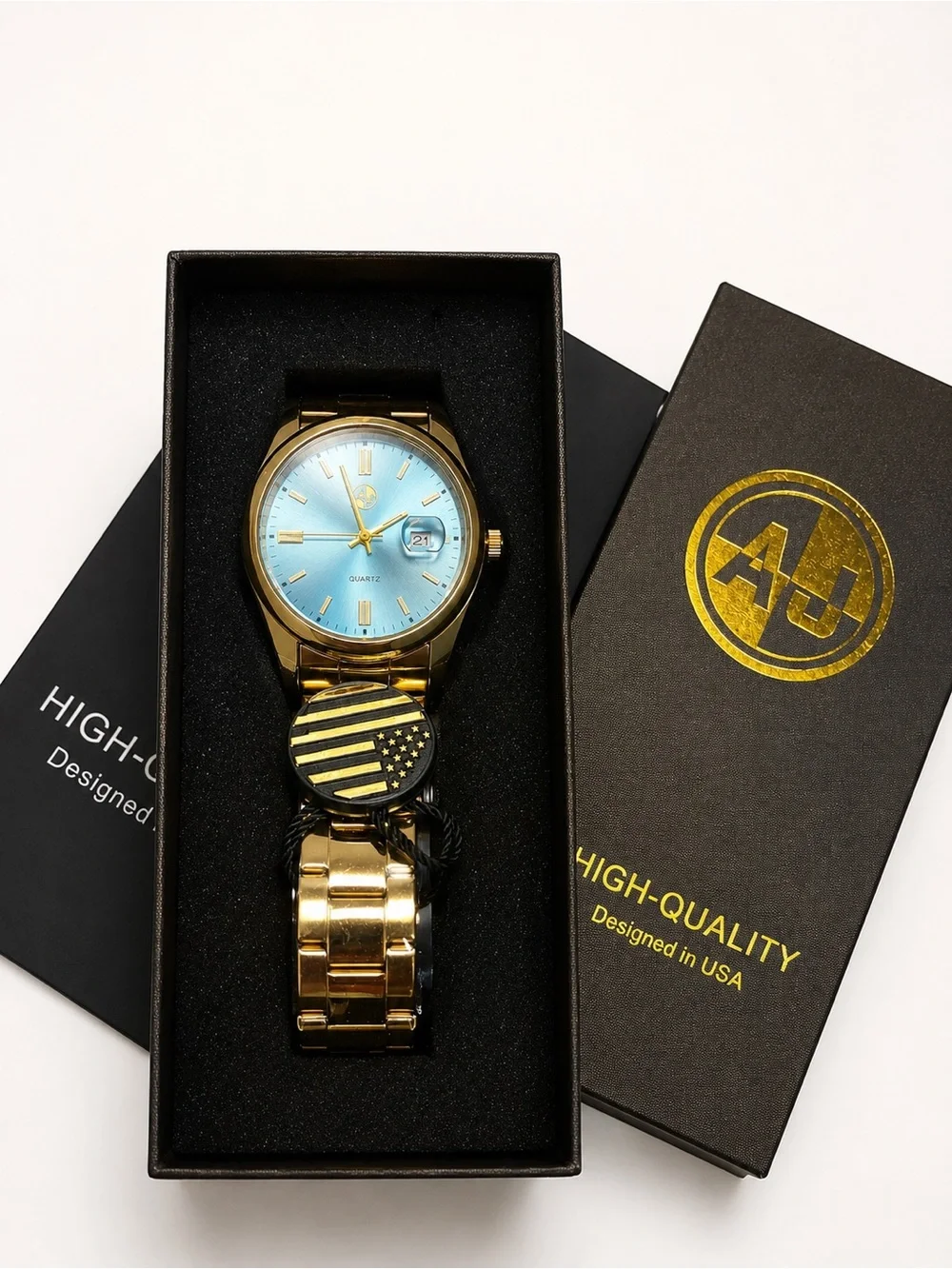 Original AJ Gold-Tone Quartz Watch – Stainless Steel | Date Display | Blue Dial